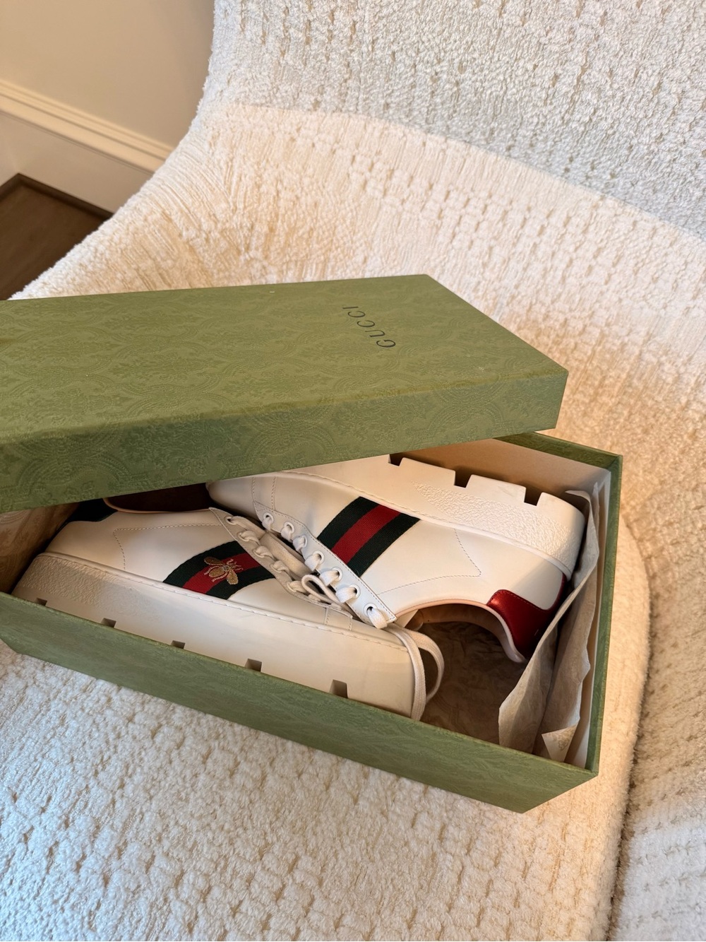 Gucci Ace White Leather Platform Sneakers with Red and Green Web Stripe and Bee - Picture 8 of 10